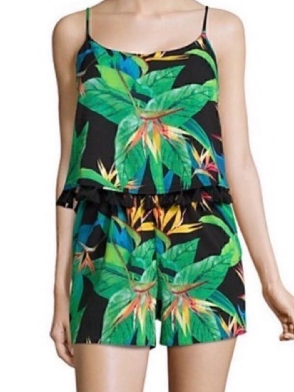 a.n.a Green Tropical Palm Print Romper with Ruffle Waist